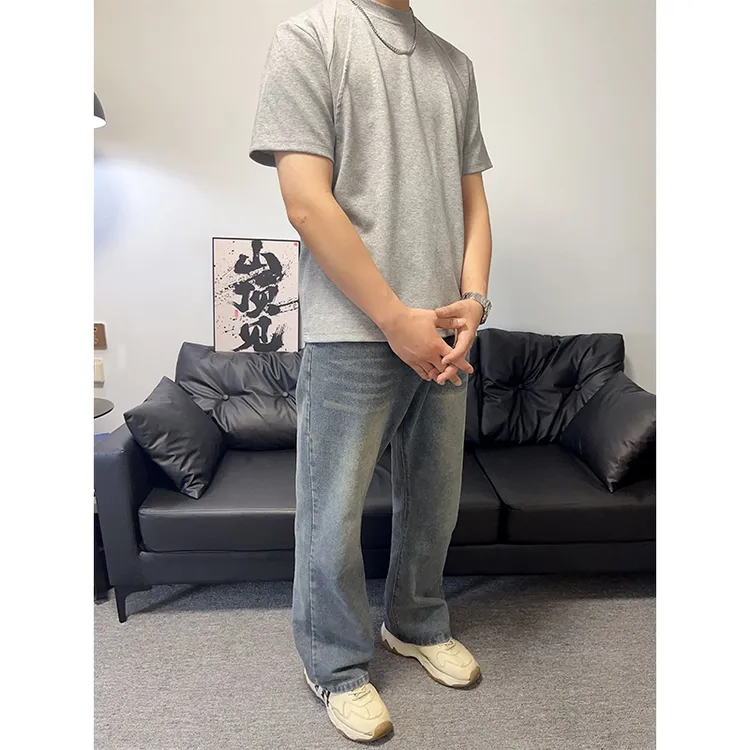 复古蓝水洗牛仔裤男士夏季弯刀微喇裤美式宽松裤子夏季直筒裤子