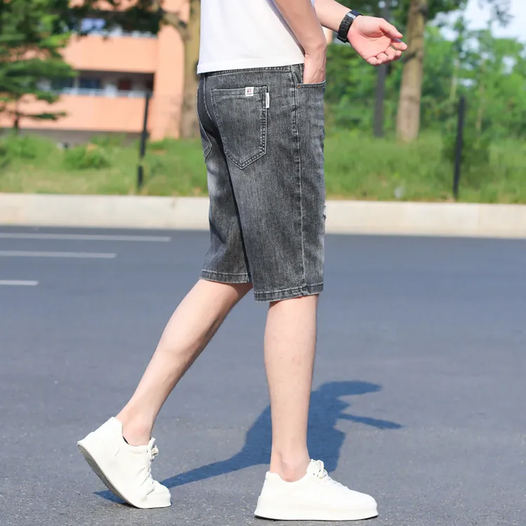 男薄款牛仔中裤夏季宽松牛仔五分裤弹力直筒潮流百搭休闲男士短裤