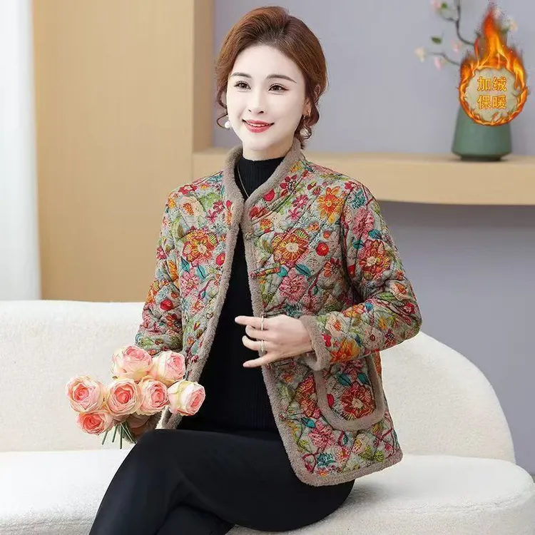 【优雅减龄】冬季新款妈妈加绒加厚棉衣中老年保暖碎花中式盘扣棉服