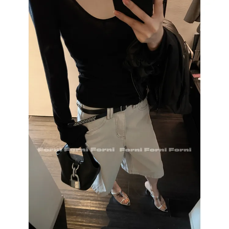 FORNI 超模五分牛仔 时髦先锋100新疆棉直筒五分牛仔中裤