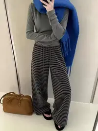 早秋新款时尚复古百搭条纹阔腿裤女高腰显瘦垂感休闲慵懒风直筒裤