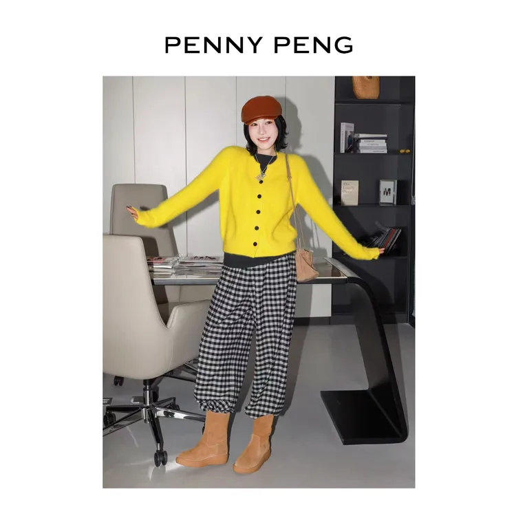 PENNYPENG格林童话黑标系列高智黄色软糯保暖狐狸绒羊绒小v领开衫