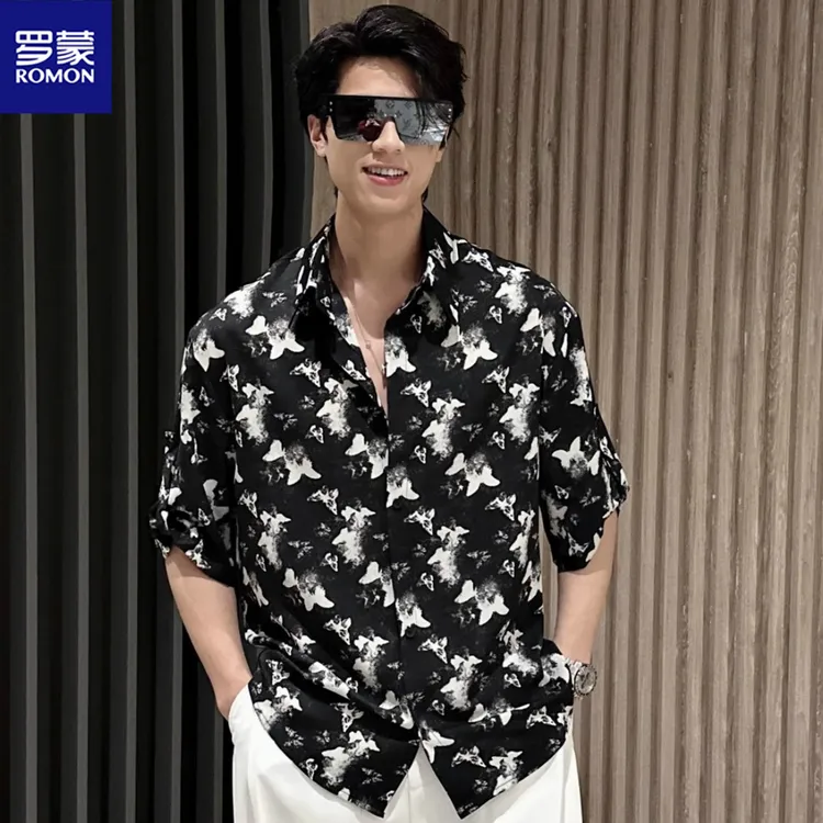 Romon/罗蒙冰丝花衬衫男士夏季新款痞帅潮流蝴蝶印花休闲上衣服  