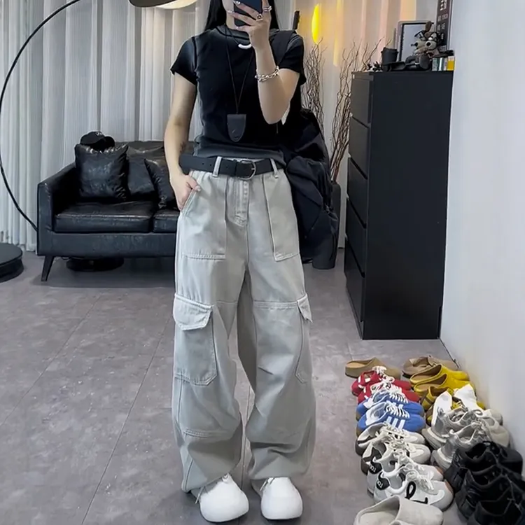 欧货复古工装牛仔裤女2025秋季新款梨形身材高腰宽松显瘦阔腿裤子