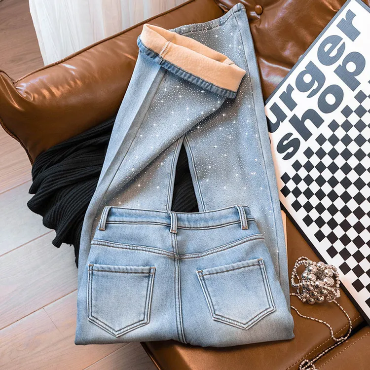满天星烫钻加绒微喇叭牛仔裤女2025冬季高腰小个子修身闪闪马蹄裤