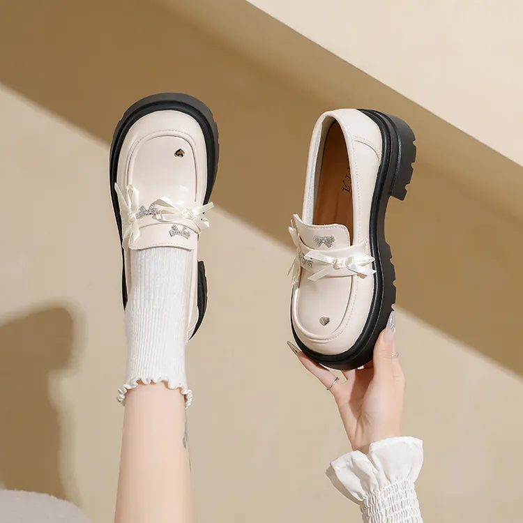 时尚厚底乐福鞋女2025秋新款英伦风小皮鞋蝴蝶结学院风单鞋