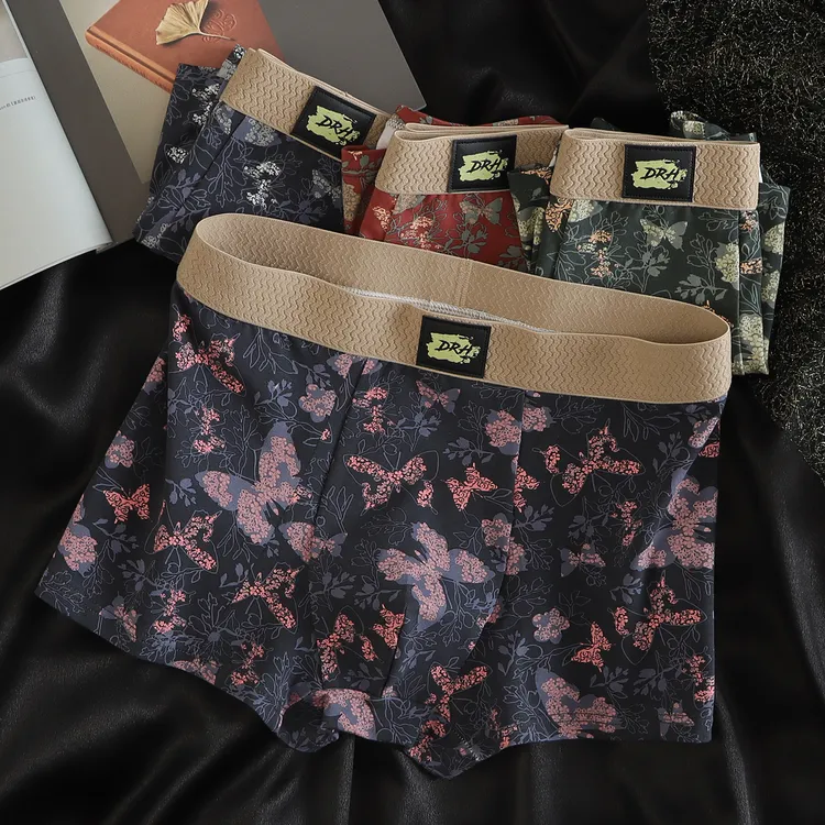 热卖蝴蝶花男士纯棉复古国风透气四角短裤头平角内裤紫粉绿红蝴蝶