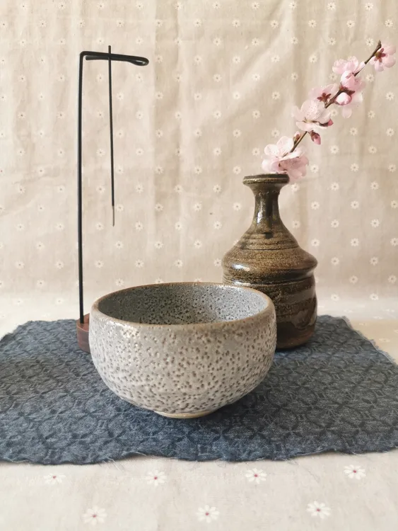 鼠志野抹茶碗茶杯 灰色橘皮纹柴烧茶碗 日式侘寂风茶具 志野烧