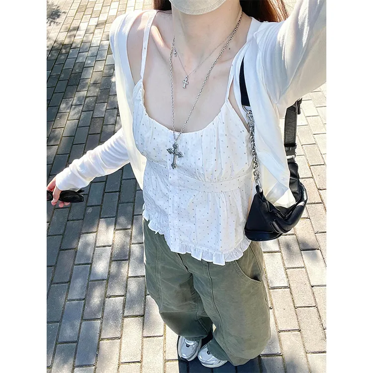 V领波点开衫内搭吊带上衣背心修身简约防晒小外套直筒宽松阔腿裤