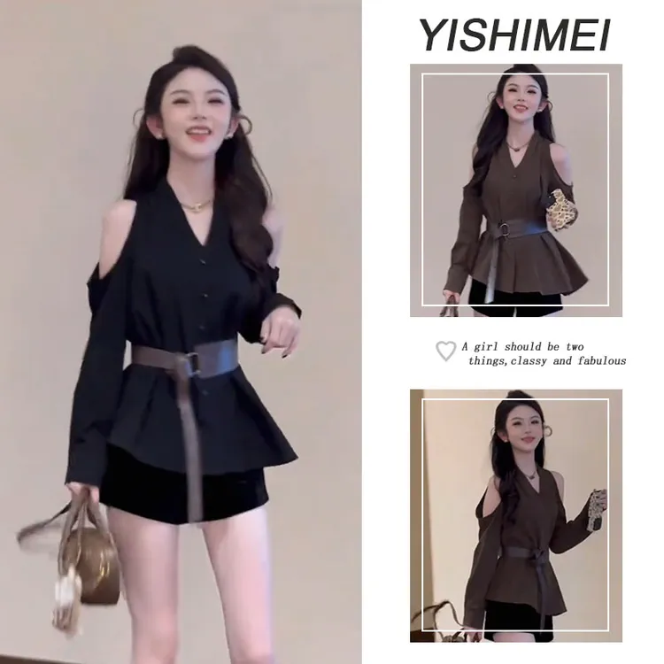 早秋穿搭一整套2025年新款韩系百搭露肩v领长袖上衣短裤两件套装