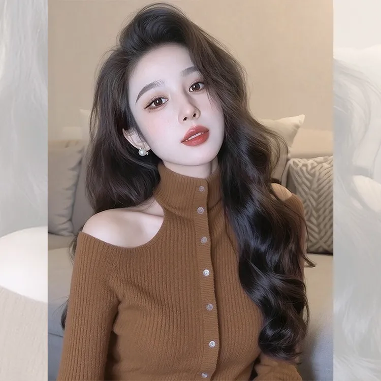 小众炸街高级感咖色露肩针织衫女秋冬可外穿精致打底独特漂亮上衣