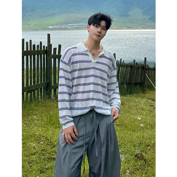 薄款小领条纹长袖恤男美式复古慵懒松弛感宽松休闲透气针织上衣