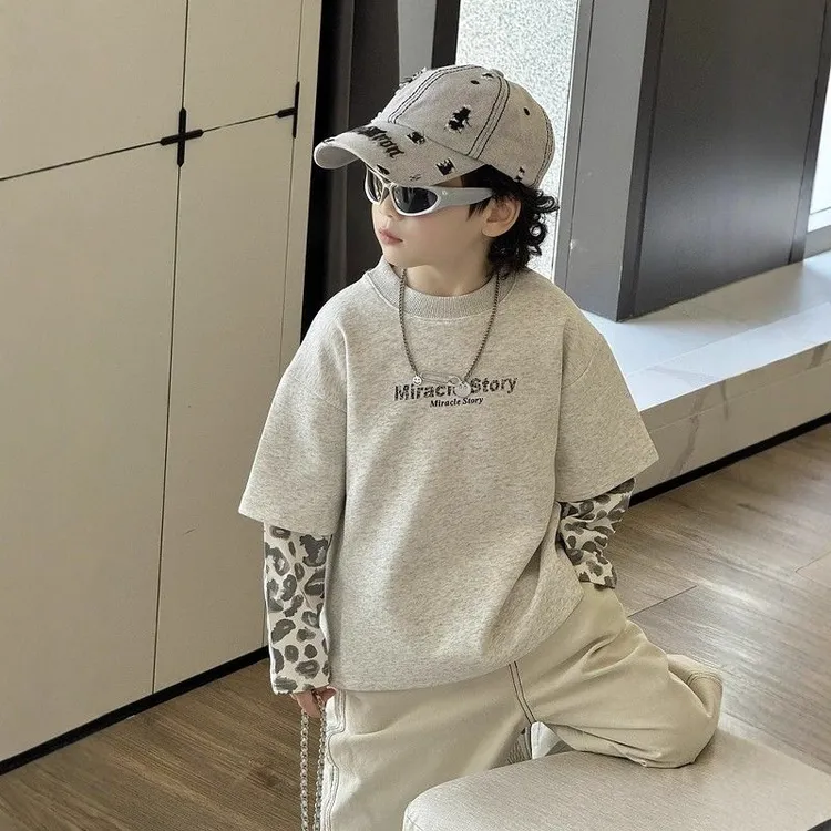 男童长袖T恤2025春秋新款男宝宝纯棉卫衣上衣帅气套头假两件潮t