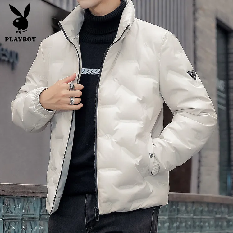 花花公子2025年新款潮流羽绒服男士立领羽绒衣冬季短款保暖白鸭绒