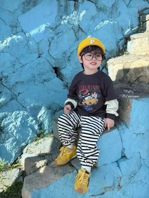 2025PaPo家新款男童米奇打底上衣条纹拼接裤