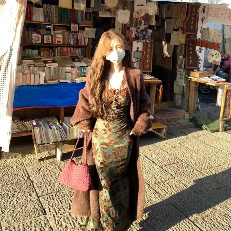 蔡蔡家【青雾漫林】早秋法式复古绿气质高级感毛衫连衣裙套装2107#