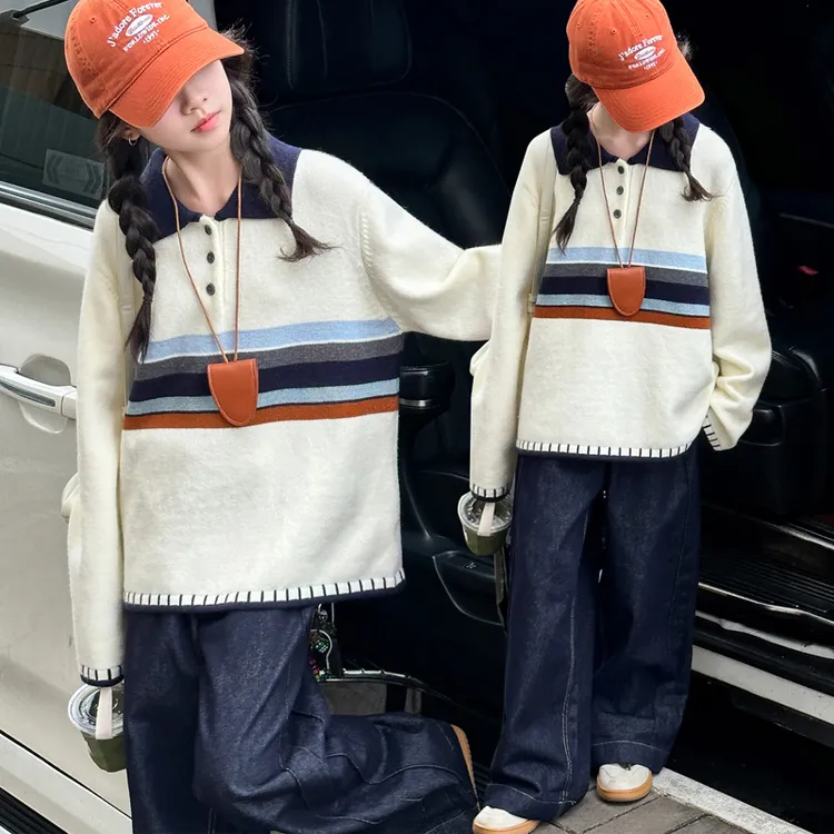 女大童秋季翻领毛衣2025新款洋气儿童百搭学院风套头衫休闲针织衫