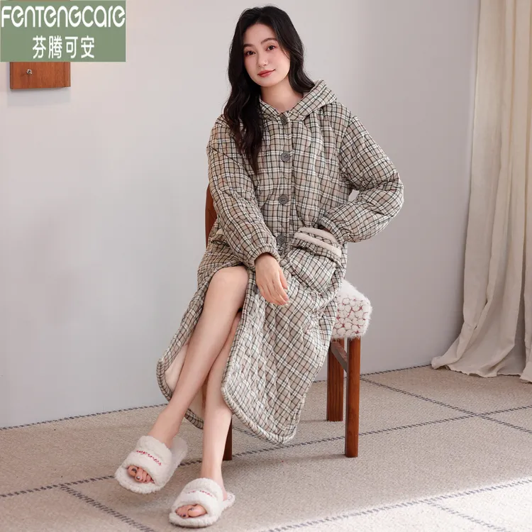 芬腾可安三层夹棉睡袍女冬季加厚保暖中长款舒适柔软宽松冬季晨袍