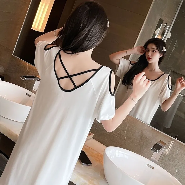 年新款斤纯欲风睡裙女夏季短袖露肩冰丝坑条睡衣夏天薄款