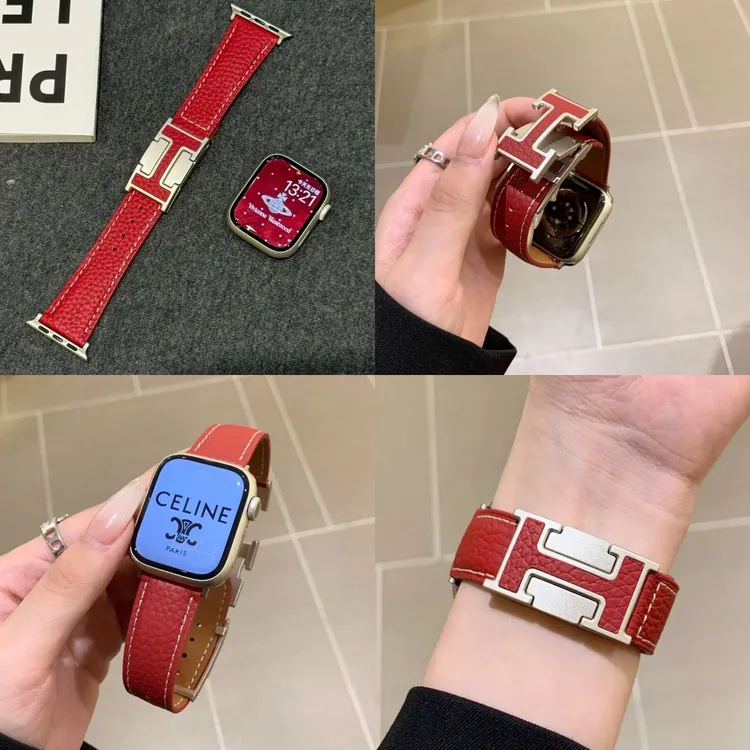 H磁吸扣真皮质适用苹果watchs11/10/9/7表带荔枝纹女se/ultra适用