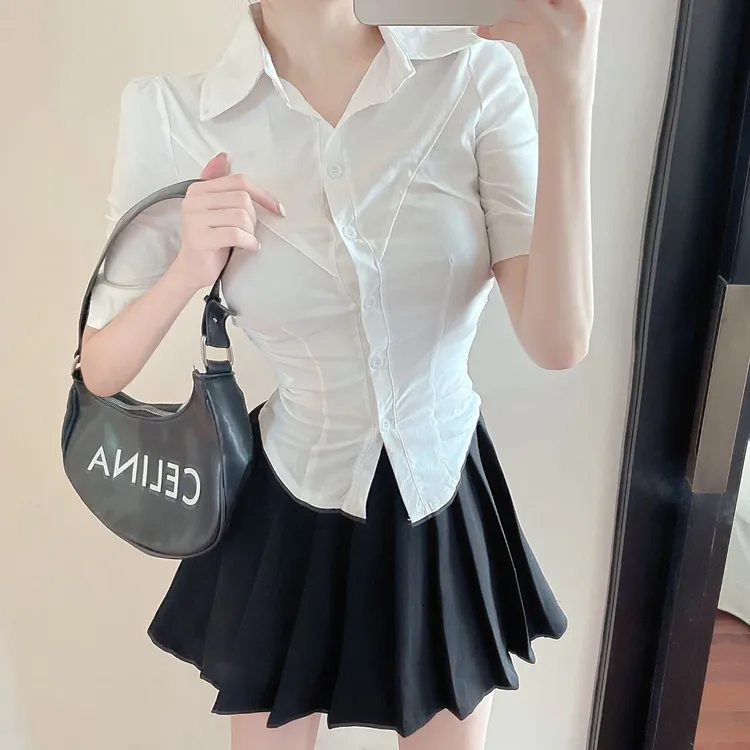 JK制服纯欲风辣妹收腰短袖衬衫女日系学院风百搭短袖学生白色衬衣