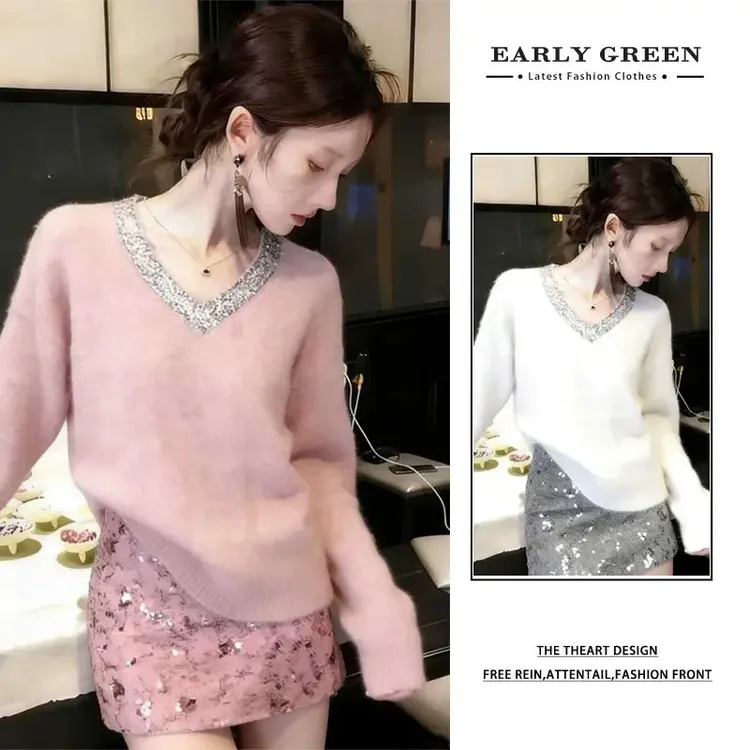 2025秋冬新款韩系气质轻奢名媛风V领镶钻长袖毛衣软糯V领针织衫