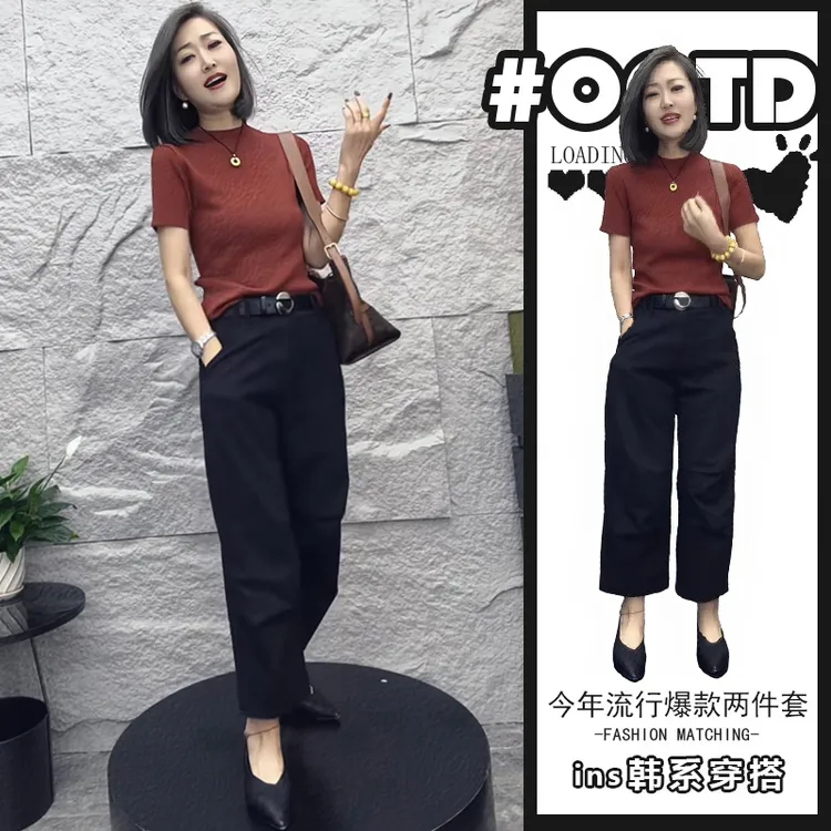 盐系运动套装女小个子气质修身显瘦短袖上衣搭时尚高腰减龄休闲裤