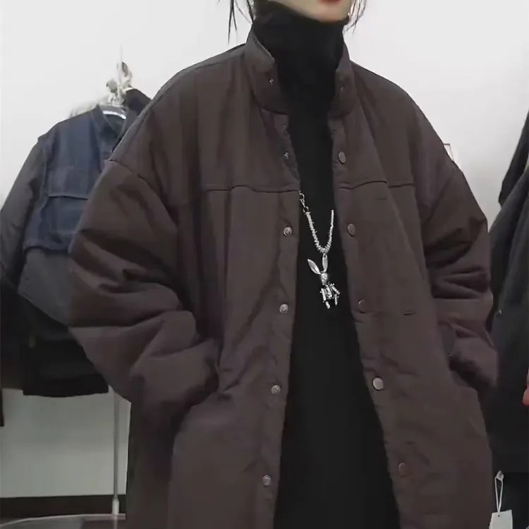 秋冬新款欧货立领高级款宽松风衣式棉服小众中长款工装棉衣外套女