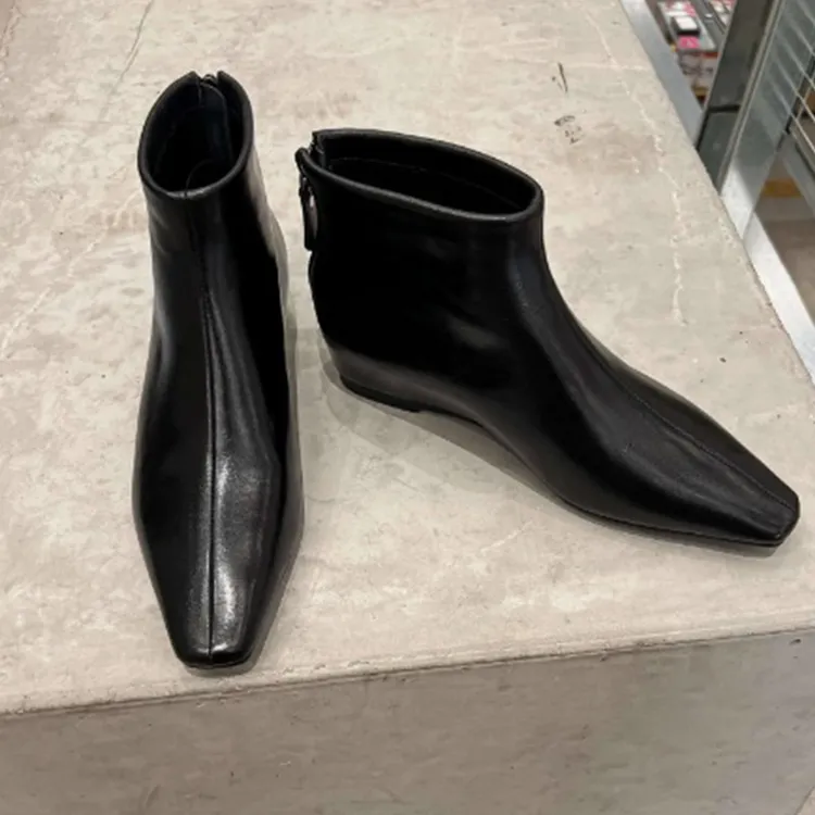 牛皮版~秋冬新款内增高坡跟方头短筒瘦瘦靴气质百搭后拉链短靴女