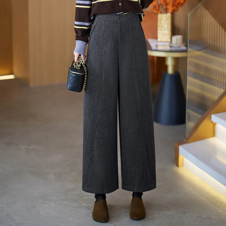 【董先生专属】时尚毛呢暖冬微阔女2025冬宽松遮跨休闲微阔腿弯刀裤