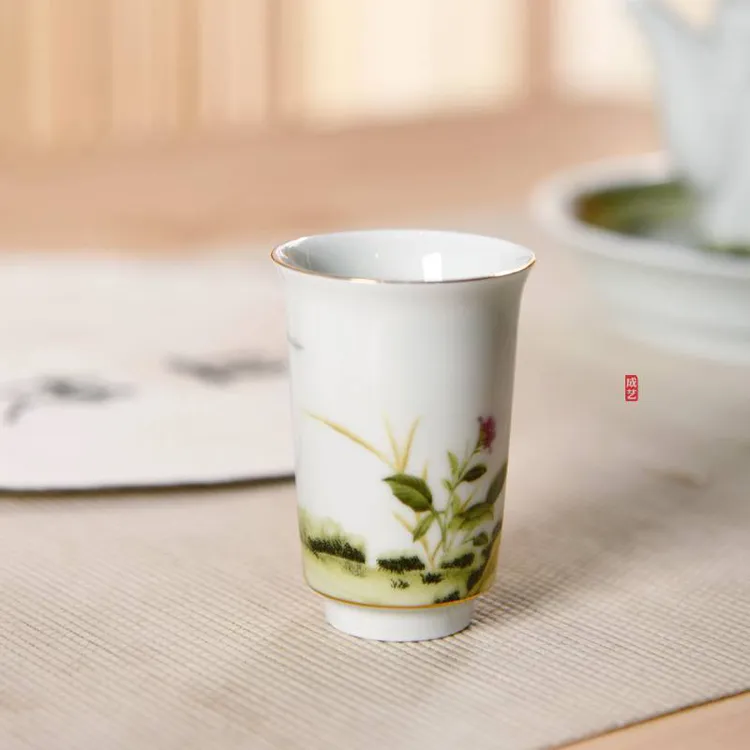 陶瓷手工蝶恋花茶杯禅韵杯功夫茶具主人杯直筒复古闻香杯青瓷茶道