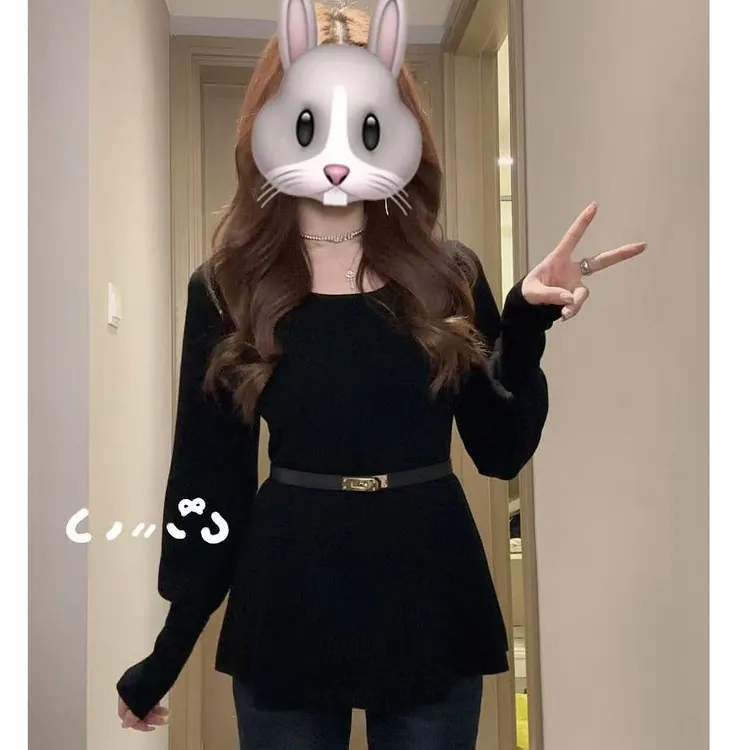 【配腰带】2025秋冬新款显瘦灯笼袖针织打底毛针织衫小众黑色女洋气
