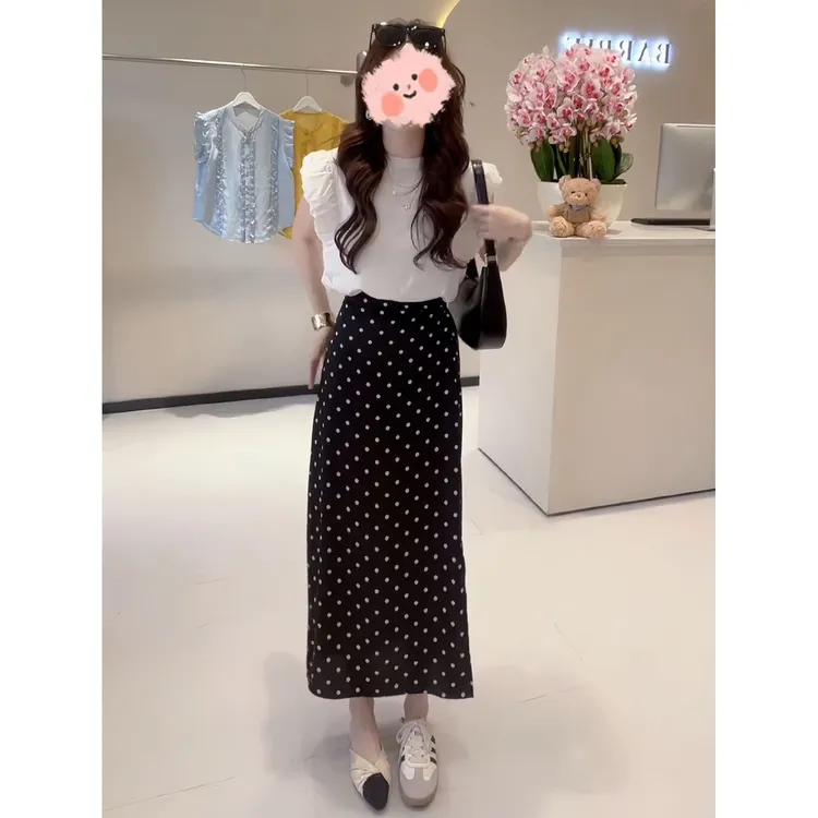 夏季时尚蕾丝露背拼接无袖T恤上衣显瘦百搭波点半身裙气质套装女