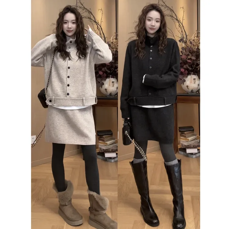 小静静一会【单排扣羊毛套装】2025冬季针织开衫半裙套装 2511C8337