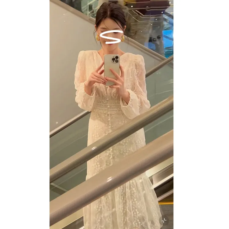 大码春夏新款新中式国风蕾丝刺绣连衣裙洋气温柔法式鱼尾裙长裙子