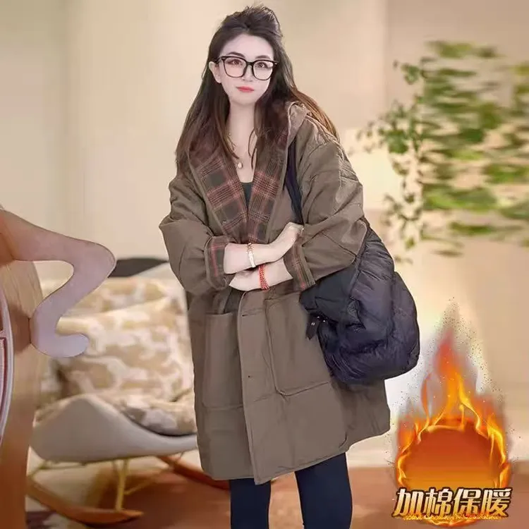 两面穿拼接格子中长款连帽棉服女冬季加厚保暖时尚休闲宽松外套