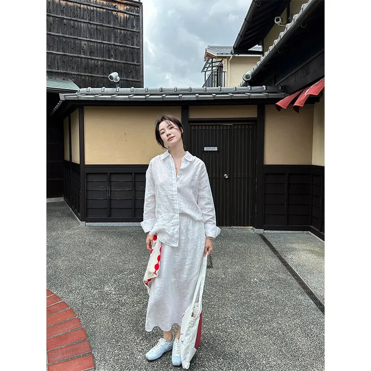 老钱风穿搭设计感小众洋气炸街长袖衬衫上衣高腰a字垂感开叉长裙