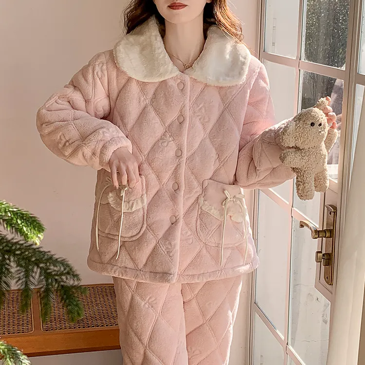 珊瑚绒三层夹棉套装冬季加厚睡衣女甜美可爱保暖可外穿家居服