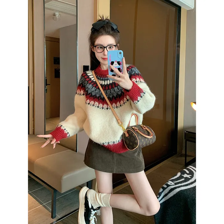 红色费尔岛套头毛衣女2025新款冬季加厚高级感慵懒复古内搭针织衫