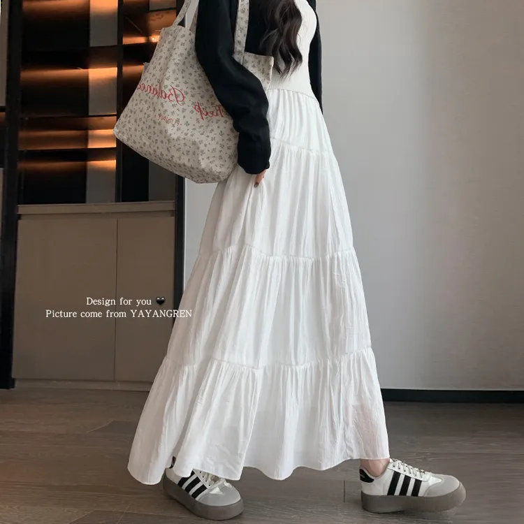 白色半身裙女春夏2025新款高腰a字显瘦百褶长裙伞裙小个子蛋糕裙