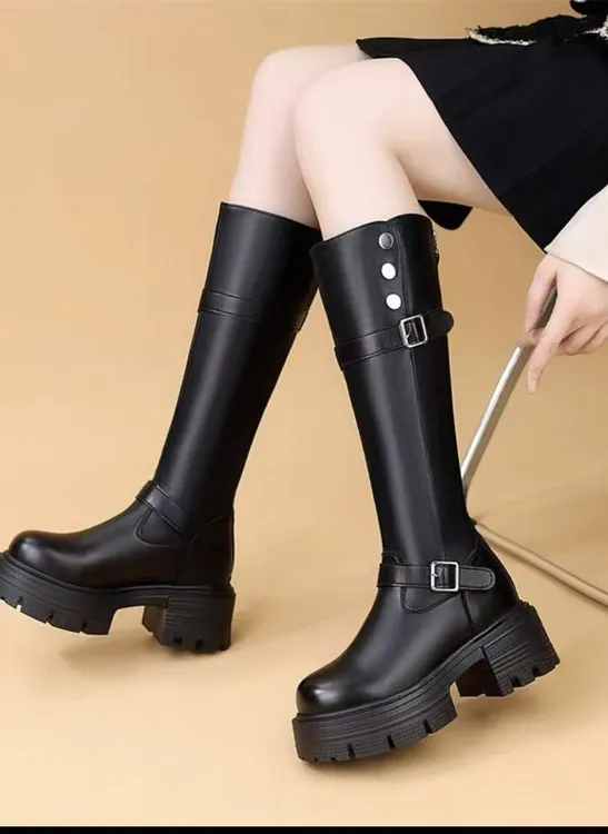 复古皮带扣长筒靴女秋季新款厚底增高骑士靴机车靴长靴时尚高筒靴
