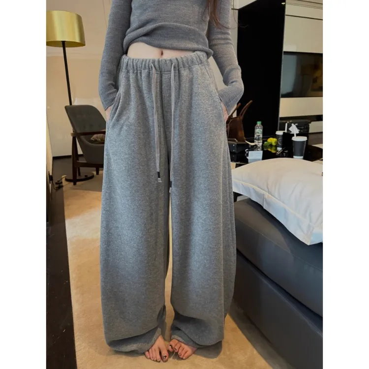 慵懒风加厚休闲裤女秋冬季新款韩版松紧腰阔腿裤宽松显瘦拖地裤子