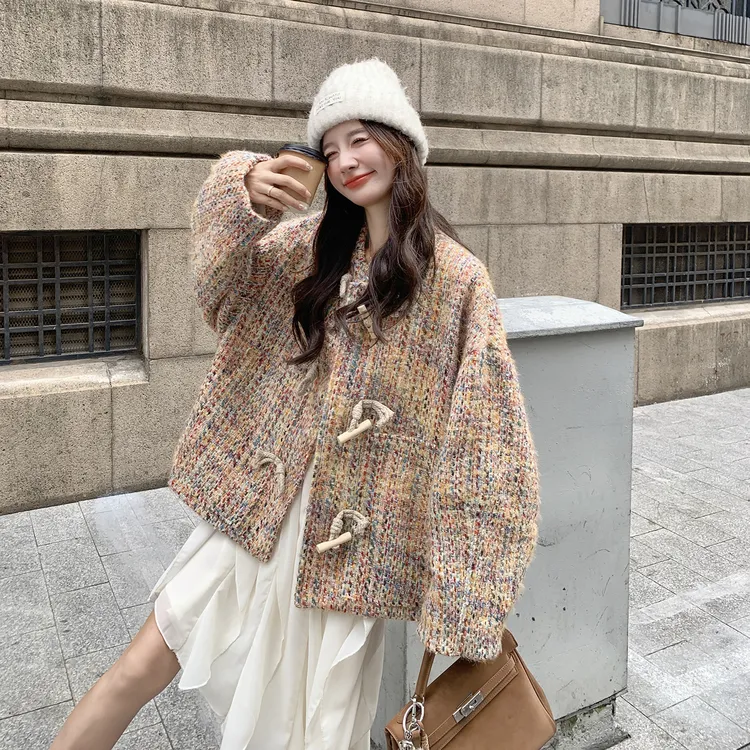 小香风彩色小个子外套女春秋2025流行新款设计感牛角扣气质上衣