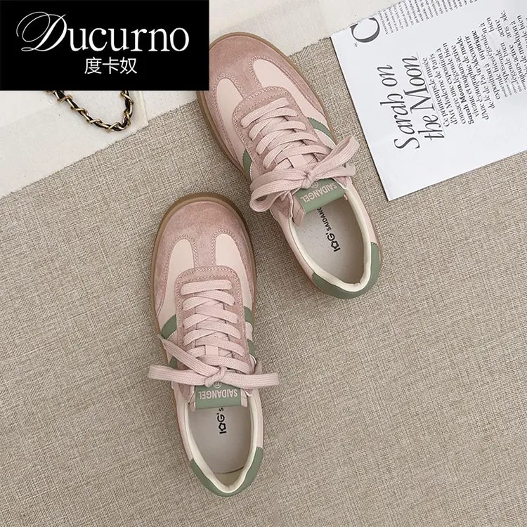 DUCURNO 真皮粉色平底德训鞋女2025春季新款百搭系带运动配裙板鞋