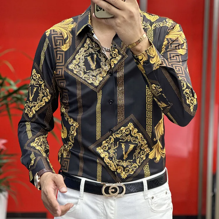 {专柜品质}男士秋季休闲花衬衫修身免烫春夏修身烫钻印花长袖个性