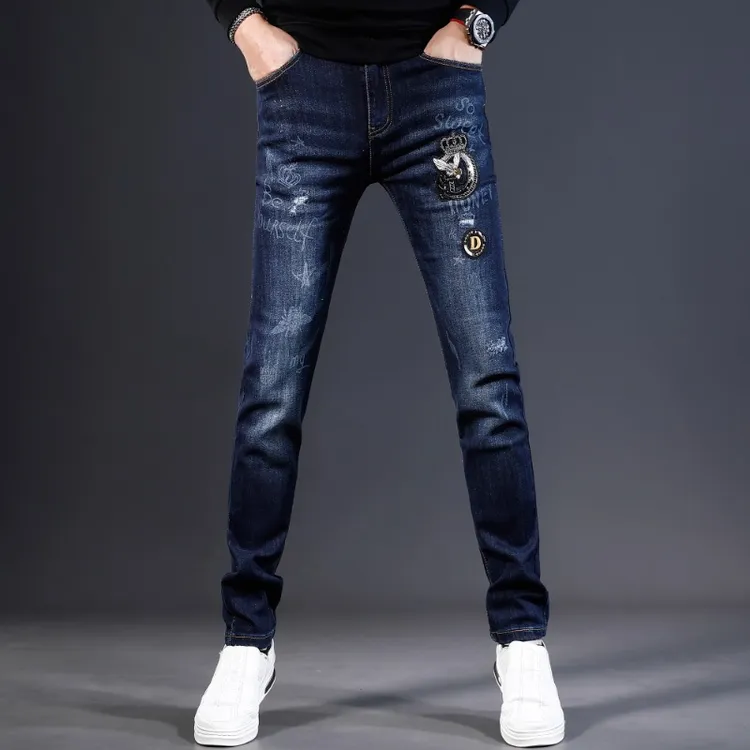 欧美牛仔裤男款修身小脚秋冬款刺绣烫钻高端弹力潮流男士裤子蓝色