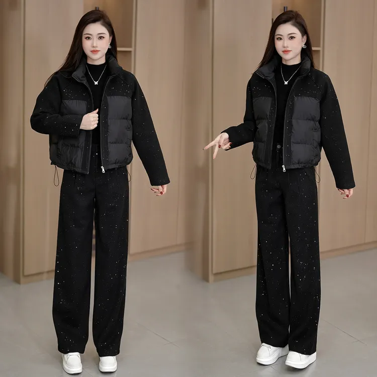 高级感亮片毛呢拼接立领棉服外套+高腰直筒阔腿裤两件套套装女冬