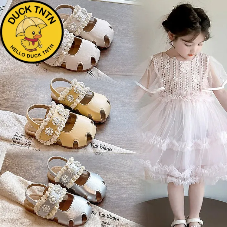 品牌小黄鸭女童珍珠蕾丝时尚洋气公主鞋2025夏季新款包头软底凉鞋