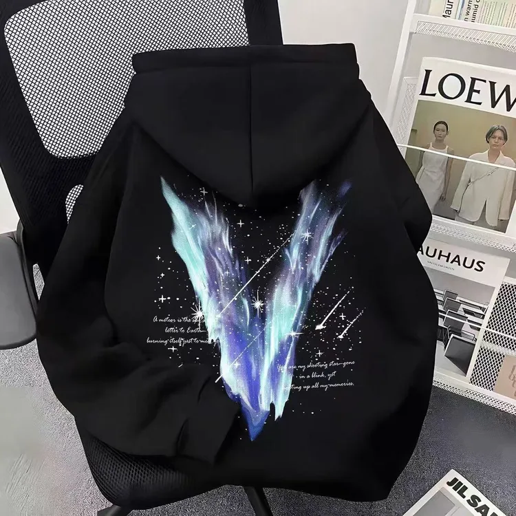 美式复古流星大V印花连帽卫衣男女童秋冬新款宽松中大童外套ins潮