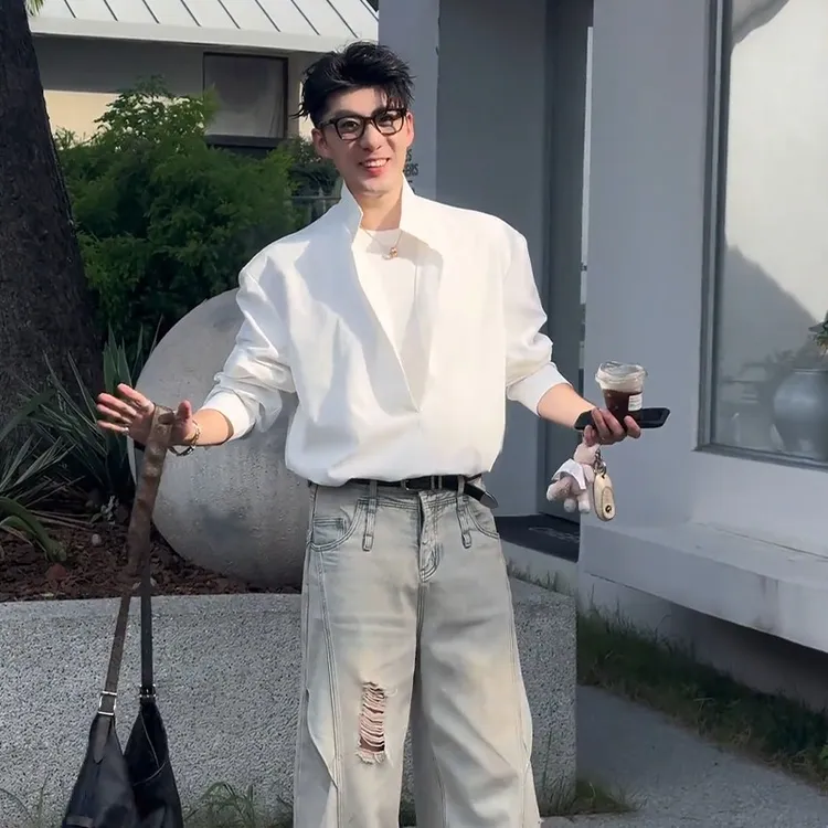 假两件白色防晒衬衫男款夏季小众不撞款穿搭冰丝立领套头长袖衬衣